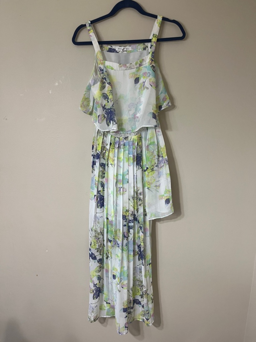 BCBG White Floral High-Low Maxi Dress with Lime and Navy Accents - Picture 2 of 5